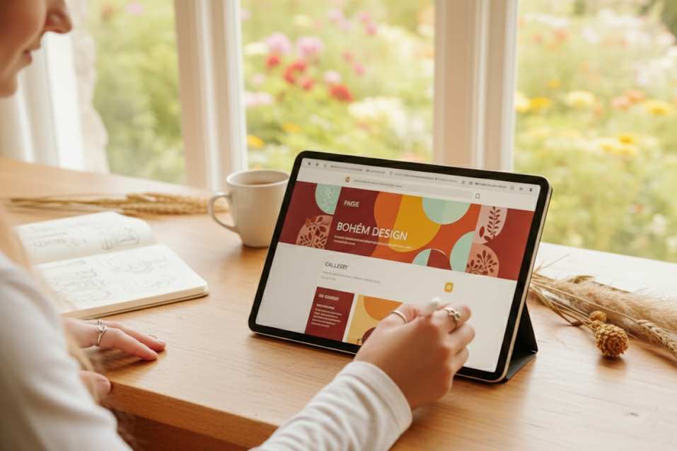 Göntér Eszter bohém grafikai arculattervezést és egyedi logó készítést végez tableten.