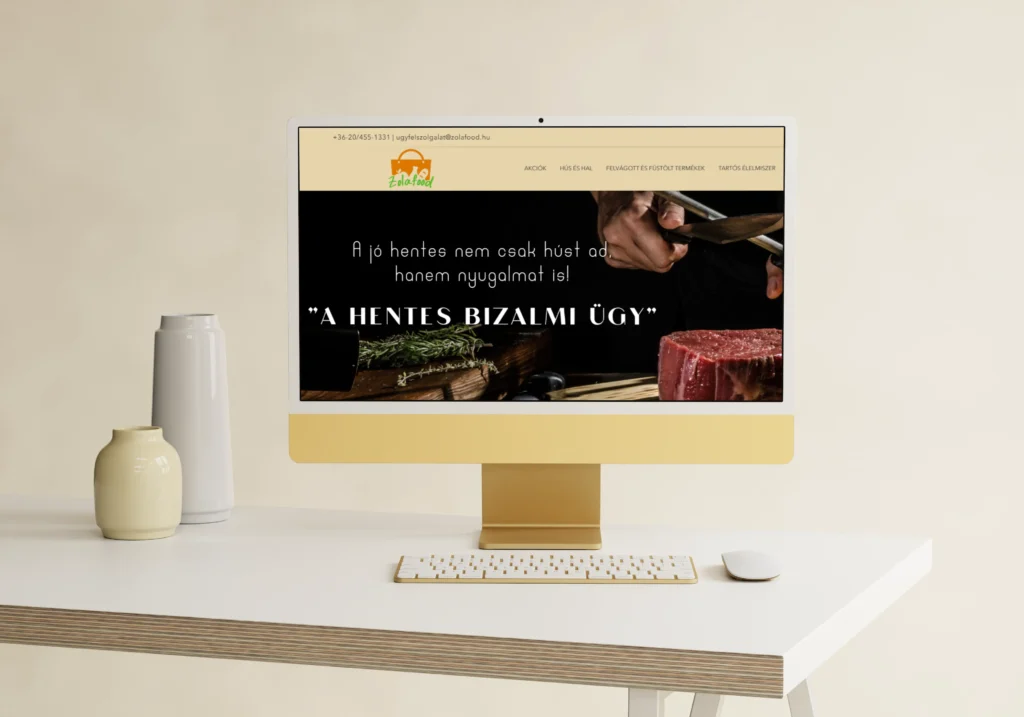 Zolafood minőségi hús webshop mockup. Göntér Eszter Bohém Webdesign teljes körű webshop készítés referenciája.